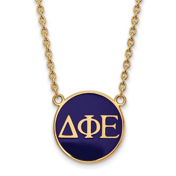 14K Plated Silver Delta Phi Epsilon Large Blue Enamel Disc Necklace - Picture 1 of 5